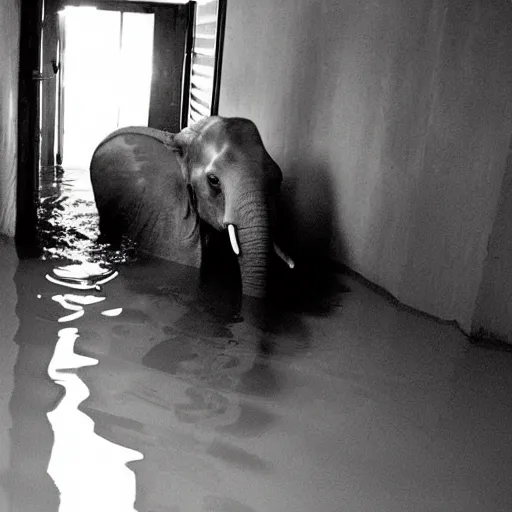 Prompt: a creepy elephant at the end of a flooded basement hallway. craiglist photo.