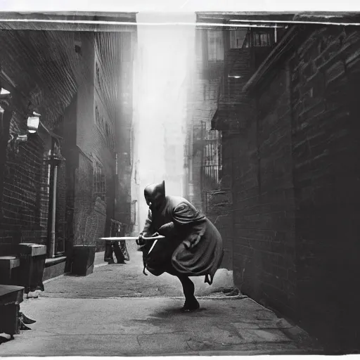 Prompt: old black and white photo, 1 9 2 5, depicting batman fighting a bad guy in an alley of new york city, tommy gun, rule of thirds, historical record