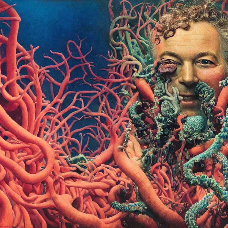 Image similar to Hyperrealistic intensely colored close up studio Photograph portrait of deep sea bioluminescent Senator Rand Paul, symmetrical face realistic proportions eye contact tentacles, Smiling in a coral reef underwater, award-winning portrait oil painting by Norman Rockwell and Zdzisław Beksiński vivid colors high contrast hyperrealism 8k