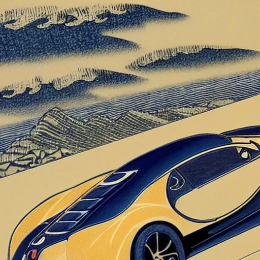 Image similar to Bugatti veyron driving on the Pacific ocean, highly detailed, intricate, in the style of hokusai