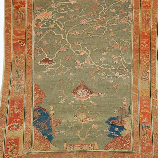 Prompt: A Persian carpet with Japanese ukiyo-e patterns and soft colors laid flat.