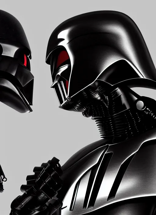 Image similar to Film poster, RoboCop VS Darth Vader, faces look at each other, detailed and realistic, 4k, filmic render