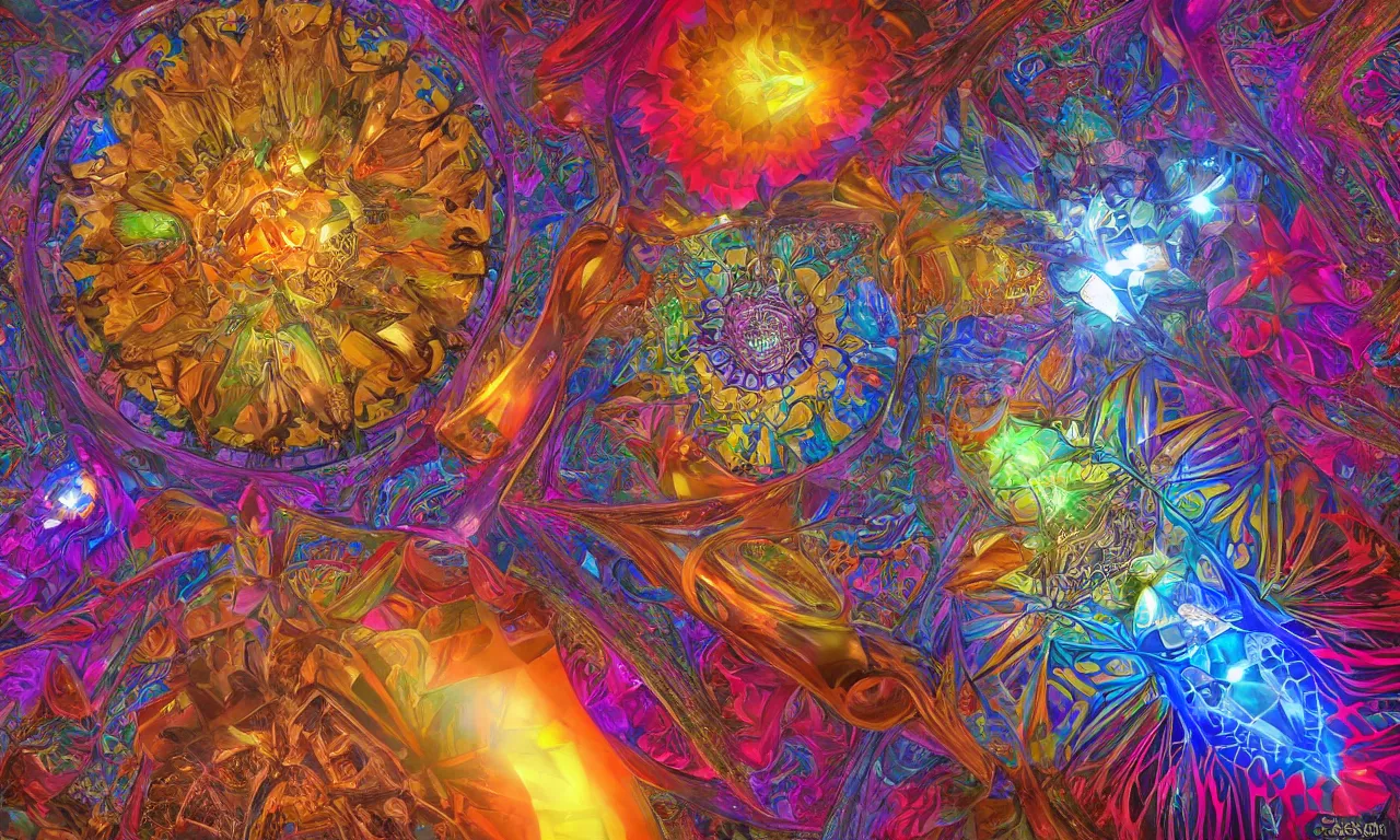 Image similar to voronoi engine laboratory 3 d volume kaleidoscope mandala fractal chakra digital multicolor stylized concept substance by artgerm, rossdraws, norman rockwell, magali villeneuve, gil elvgren, alberto vargas, earl moran, enoch bolles radiating a glowing aura global illumination ray tracing hdr