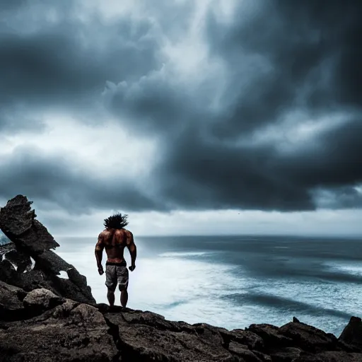 Image similar to cinematic shot of a muscular viking with a large beard standing on a rocky cliff with cloudy stormy weather in the sky, 8 k, very intricate, very detailed,