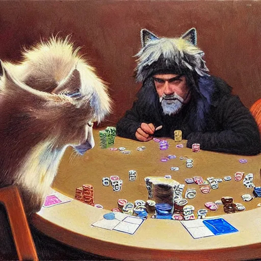 Prompt: man with fur and cat ears, playing poker, by donato giancola