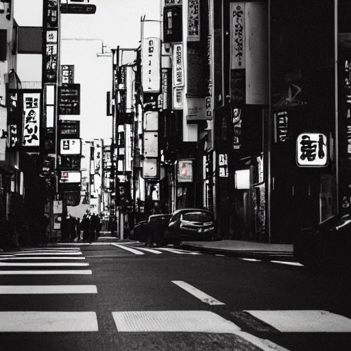 Prompt: streets of Tokyo shot on 70mm film, retro, black and white color scheme