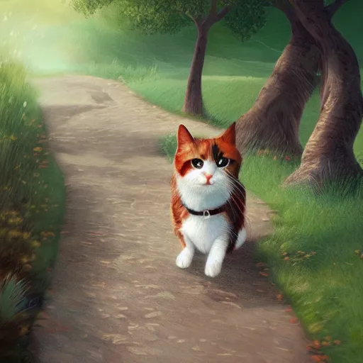 Image similar to two calico cats walking together outside on a beautiful day, cute storybook illustration, trending on artstation, cgsociety, beautiful painting