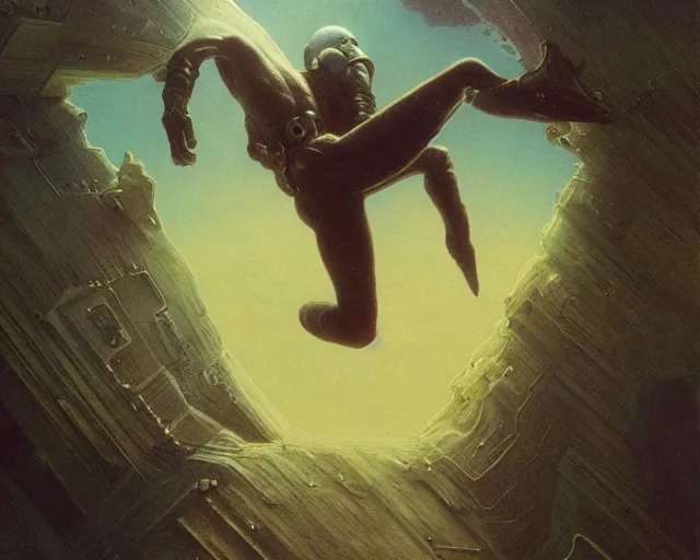 Prompt: a man falling into a tesseract, sci - fi, cyberpunk, dune movie, ridley scott, denis villeneuve, painted by zdzislaw beksinski and artgerm and greg rutkowski and alphonse mucha