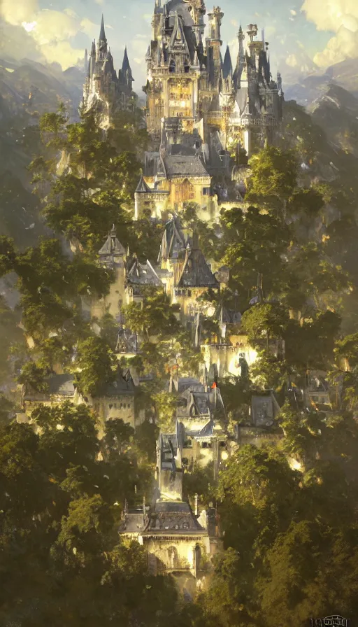 Image similar to castle seen from the sky, cyberpunk, design on white background, beautiful details, lush foliage, drawn by john singer sargent, tom bagshaw, norman rockwell, alphonso mucha, lolish, trending on artstation