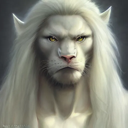 Image similar to portrait, handsome long - haired male anthro albino panther fantasy, rpg game, stern expression, main character, highly detailed, digital painting, artstation, concept art, smooth, sharp focus, illustration, artgerm, tomasz alen kopera, peter mohrbacher, donato giancola, joseph christian leyendecker, wlop, frank frazetta