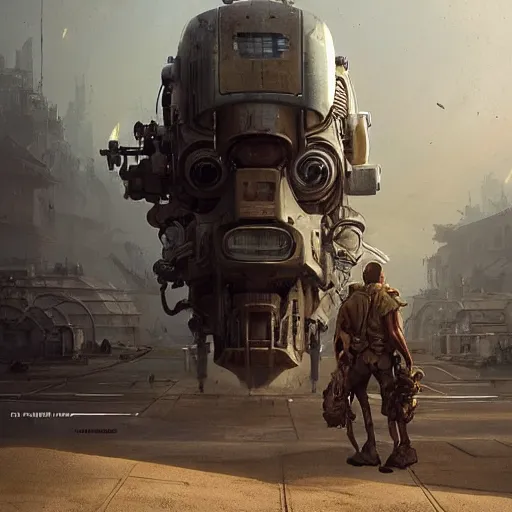 Image similar to a highly detailed epic cinematic concept art CG render digital painting artwork: dieselpunk man morphing into a machine. By Greg Rutkowski, Ilya Kuvshinov, WLOP, Stanley Artgerm Lau, Ruan Jia and Fenghua Zhong, trending on ArtStation, subtle muted cinematic colors, made in Maya, Blender and Photoshop, octane render, excellent composition, cinematic atmosphere, dynamic dramatic cinematic lighting, precise correct anatomy, aesthetic, very inspirational, arthouse