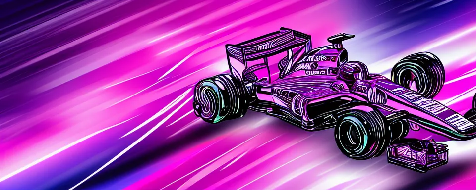 Prompt: abstract illustration of a formula one car, synthwave, purple and pink, motion blur, light streaks