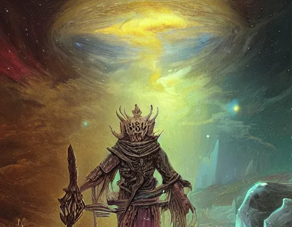 Prompt: ancient urr, a sage and archivist of the urr, has decorated himself with strange symbols and skins. wide detailed digital oil illustration for mtg. dnd fantasy epic illustration by john constable, smooth, chrome, lofi, nebula, calming, dramatic, fantasy, by moebius, by zdzisław beksinski, epic composition