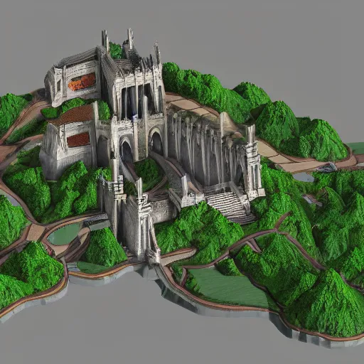 Prompt: a low poly, isometric view of rivendell, highly detailed render