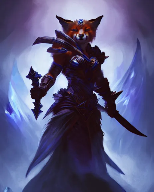 Image similar to Fox Warrior holding sapphire, evil smile, medium shot, D&D, artstation, fantasy, magic the gathering artwork, cinematic lighting, centered, symmetrical, highly detailed, digital painting, , concept art, smooth, sharp focus, illustration, volumetric lighting, epic Composition, 8k, art by Akihiko Yoshida and Greg Rutkowski and Craig Mullins, oil painting, cgsociety