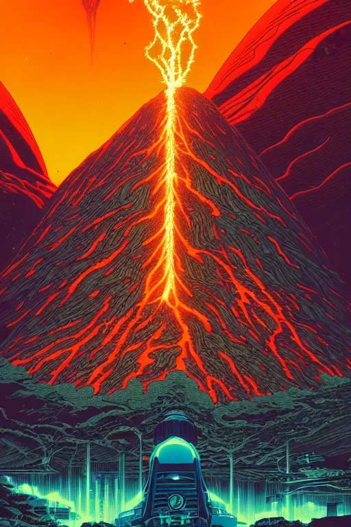 Image similar to artwork by kilian eng and dan mumford and toshi yoshida and franklin booth showing a futuristic powerstation!! in front of a ( ( exploding volcano ) ), vintage scifi, high details, dramatic lightning,, 8 k