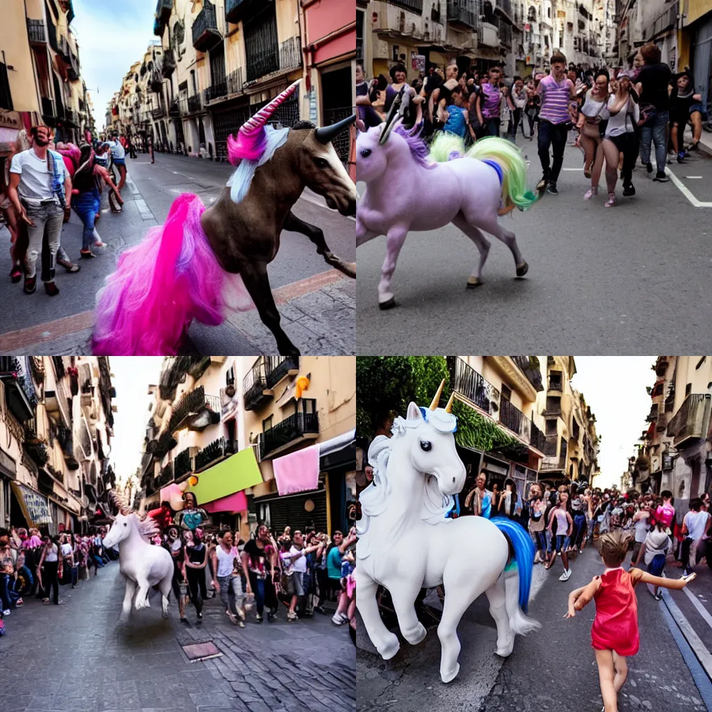 Prompt: a heard of unicorn chasing screaming people down a crowded city street in spain