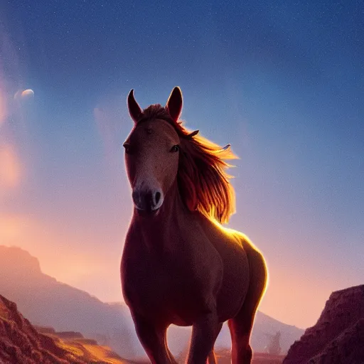 Image similar to spirit untaimed, brown horse from the movie next to a canyon riding in the sunset, movie poster, 8 k, trending on artstation, octane render, volumetric shadows