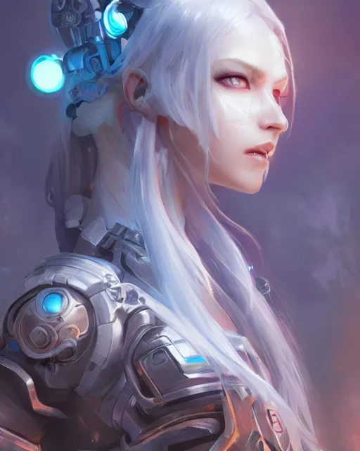 Image similar to holy cyborg necromancer girl, elegant, scifi, futuristic, utopia, garden, illustration, atmosphere, top lighting, blue eyes, white hair, beautiful, artstation, highly detailed, art by yuhong ding and chengwei pan and serafleur and ina wong