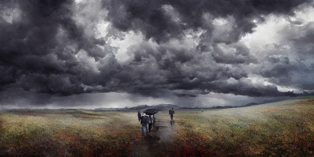 Image similar to school on the hill, walking on a mountain, surreal photography, blue and grey storm clouds, dramatic light, impressionist painting, digital painting, art station, simon starnhager