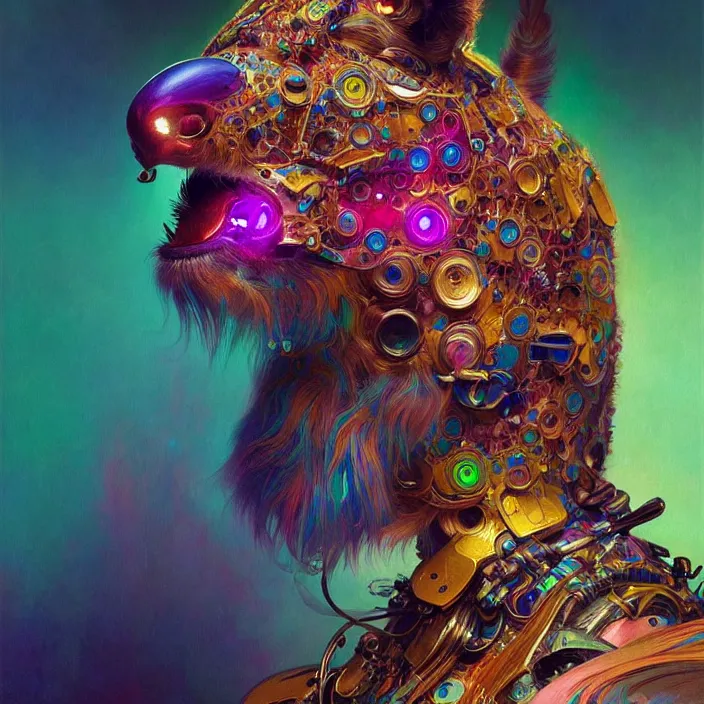 Image similar to bright psychedelic hairy animal cyborg, diffuse lighting, fantasy, intricate, elegant, highly detailed, lifelike, photorealistic, digital painting, artstation, illustration, concept art, smooth, sharp focus, art by John Collier and Albert Aublet and Krenz Cushart and Artem Demura and Alphonse Mucha