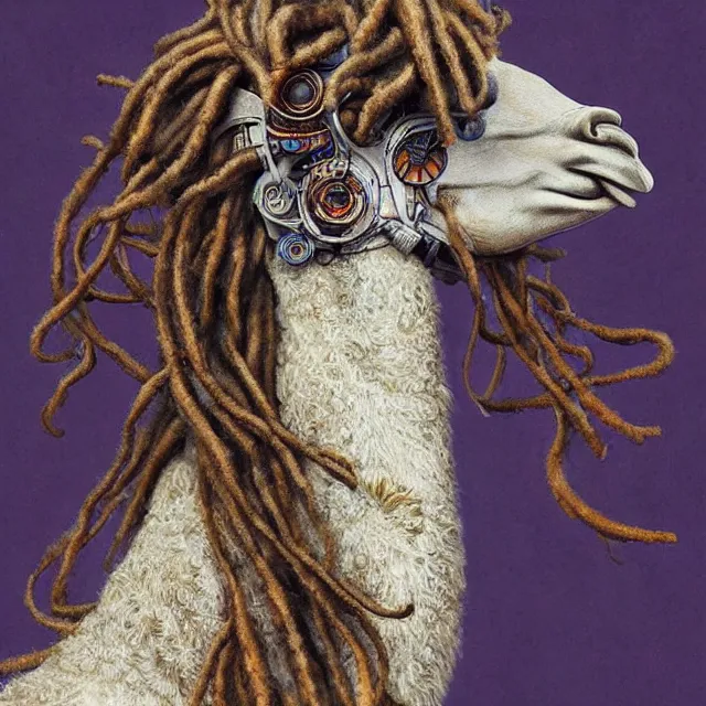 Image similar to llama with dreadlocks, by mandy jurgens, ernst haeckel, james jean. in the style of industrial scifi