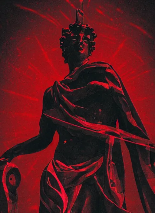 Image similar to dark design poster showing a close up of a heroic greco roman statue, black background with very subtle red and purple design elements, powerful, nekro, vito acconci, thin straight lines, dark, glitch art, neo vaporwave, gritty, layout frame, square, trending on artstation