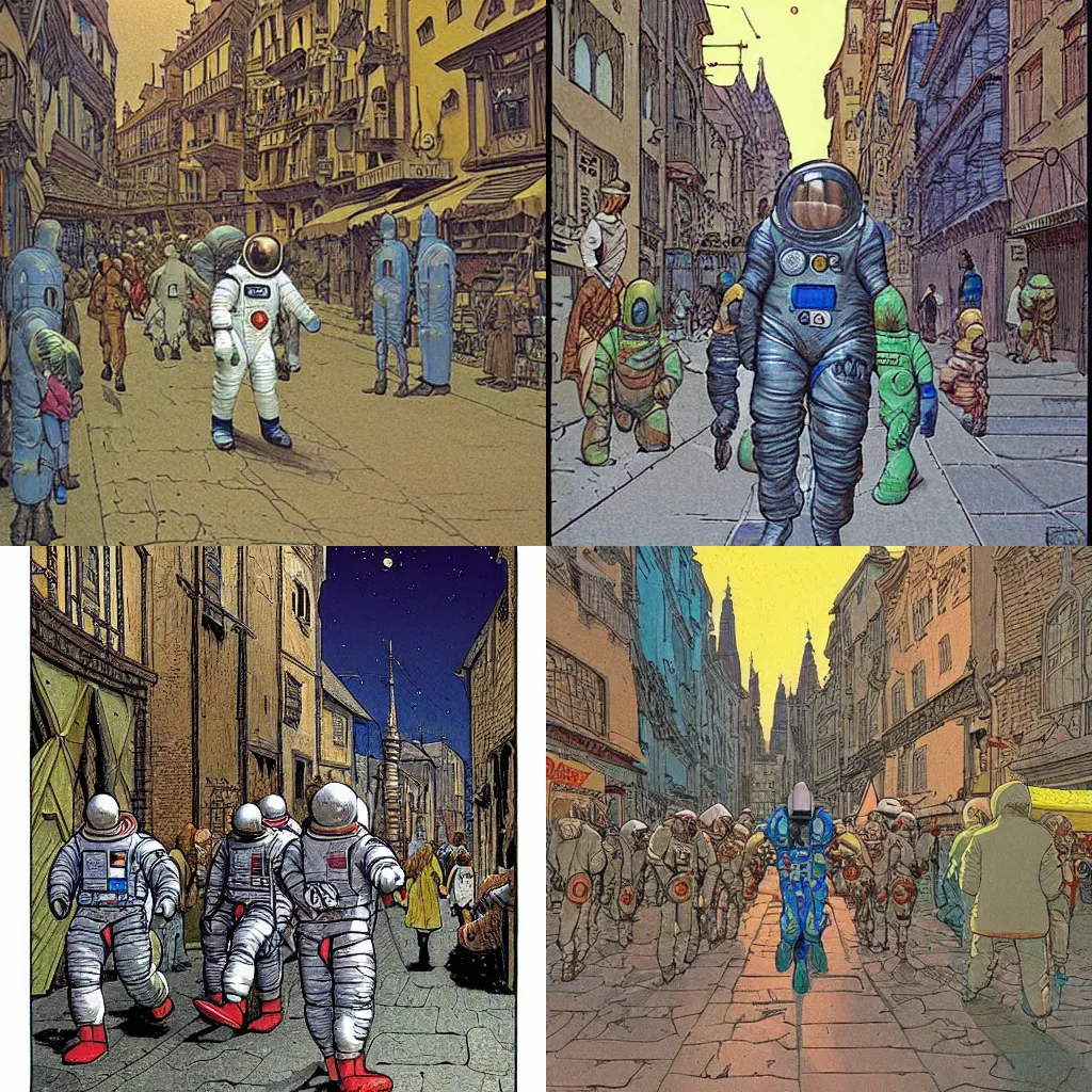 Prompt: Astronaut in a space suit walking on a crowded medieval street, Jean Giraud, Moebius, concept art