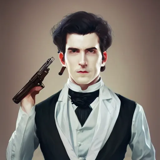 Image similar to a victorian doctor with a gun, young man, clean shaven, pale skin, vampire, dark brown duster, short brown hair, brooding, character art, full body art, Dungeons and Dragons, D&D, trending on artstation, artgerm, 4k ultra hd, sharp focus, digital art by Ilya Kuvshinov and Ross Tran,