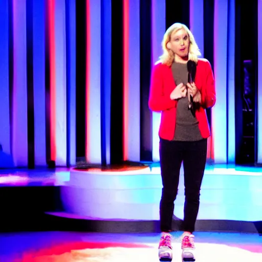 Image similar to film still of netflix comedy special. 3 2 - year - old, female short height, good - looking, standup comedian, skateboarder style, pale complexion, jewish and italian descent, fit, on stage, laughing, telling jokes