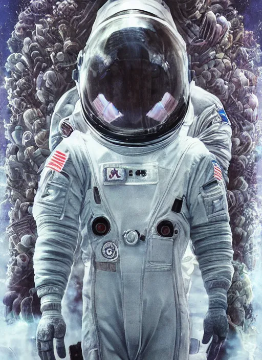 Image similar to astronauts in dark and empty void underwater poster - complex and hyperdetailed technical suit. reflection and dispersion materials. rays and dispersion of light. volumetric light. 5 0 mm, f / 3 2. noise film photo. flash photography. ultra realistic, wide angle. poster by wayne barlowe, hajime sorayama aaron horkey, craig mullins