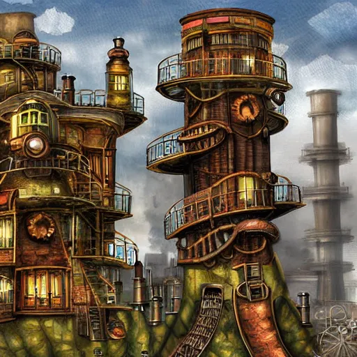 Image similar to steampunk fantasy city built into the side of a mountain, in three levels. the ground level is an industrial area with smokestacks and factories. the upper levels are residential. digital painting