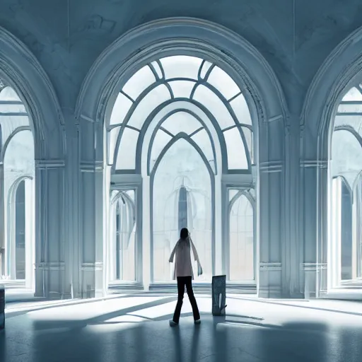 Image similar to white marble room arched windows, neon fluorescent lights, cinematic, octane render, detailed illustration, character portrait, by Martin Grip and Moebius,