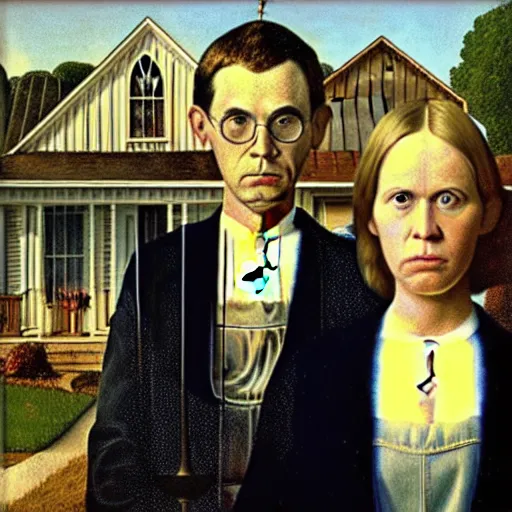 Image similar to margorie taylor greene and matt gaetz, grant wood ’ s american gothic, artistic