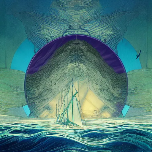 Image similar to atlantic the aftermath madness fantasycore seascape, Precise and Intricate Linework, Art Nouveau Cosmic 4k Detailed Matte Illustration unsplash contest winner ,CGSociety, Royal purple and Aquamarine color scheme, Pastiche by Christopher Moeller, Pastiche by Rockwell Kent