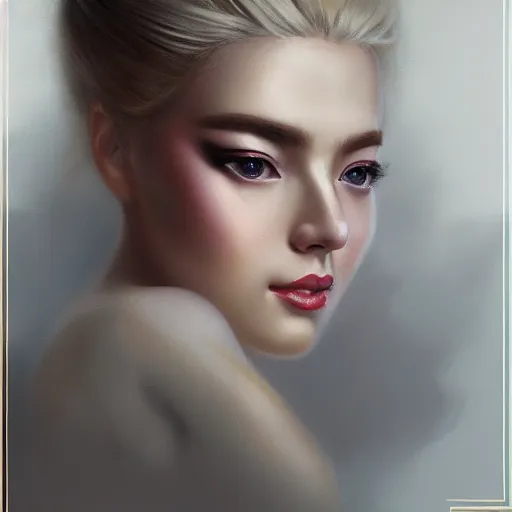 Prompt: portrait of a gorgeous blonde geisha by Greg Rutkowski, trending on Artstation, Joseph Christian Leyendecker, WLOP, Boris Vallejo, octane render, dark, moody, foggy