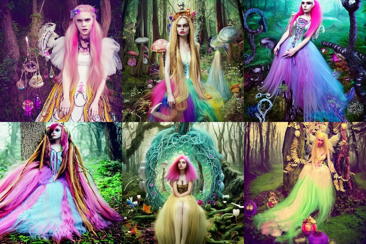 Prompt: Alice in Wonderland, looks like a mix of Grimes, Lana Del Rey and Zoë Kravitz, cool long colorful blonde flowing hair with intricate braids, wearing a puffy elaborate princess dress with tulle and lace, heavy stacks of pearl necklaces, surrounded by an enchanted forest, hen of the woods mushrooms, colorful lanterns, twilight, ethereal, sweet, hallucinatory, hypnotic, dreampunk, marbled swirls, gradient, style inspired by shoujo manga, pre-raphaelite painting, John singer Sargent, Botticelli, stunning faeriecore enchanted woods, Tyndall effect, diffraction, dramatic mysterious lighting, chromatic aberration, 4k photorealistic, Arnold render, hyper detailed