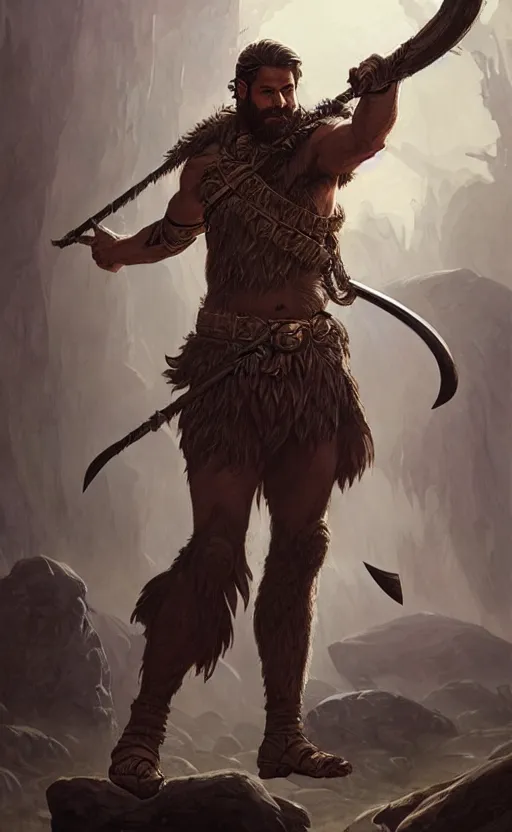 Image similar to full body portrait of a gruff ranger with a spear, lean and toned, handsome face, hairy body, D&D, fantasy, intricate, elegant, highly detailed, digital painting, artstation, concept art, matte, sharp focus, illustration, art by Artgerm and Greg Rutkowski and Alphonse Mucha