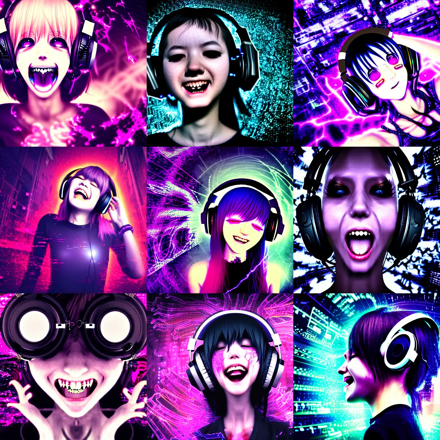 Prompt: manic anime girl wearing headphones, laughing, crazy, hardcore techno, electronic music, crossbreed, esoteric fractal glitchy background, dark and gothic, brutal, somber, stylized, japanese, artstation, highly detailed, noisy, vhs glitch, expired film, amazing composition, 4 k