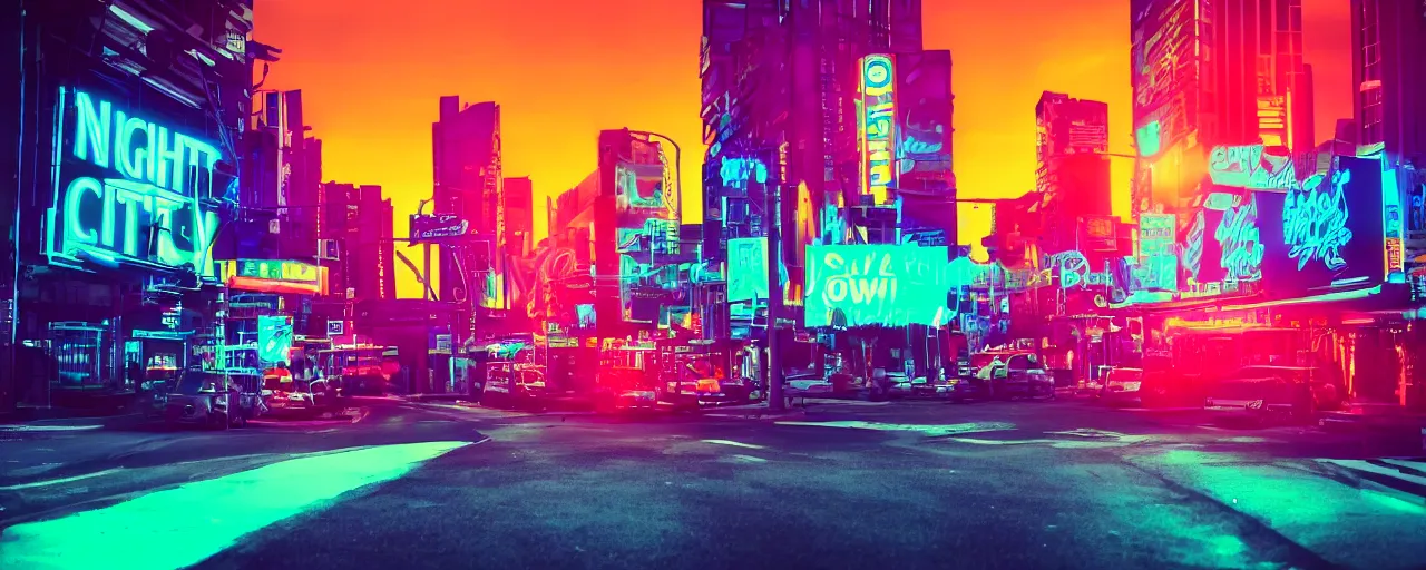 Prompt: night city, neon lights, glow signs , retrowave style, sunset