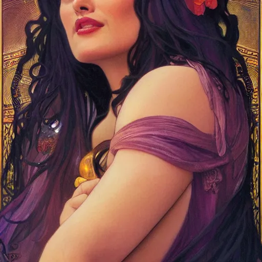 Prompt: salma hayek portrait by alfons mucha, playful, fantasy, medieval, beautiful face, vivid colrs, elegant, concept art, sharp focus, digital art, hyper - realistic, 4 k, unreal engine, highly detailed, hd, dramatic lighting by brom, trending on artstation