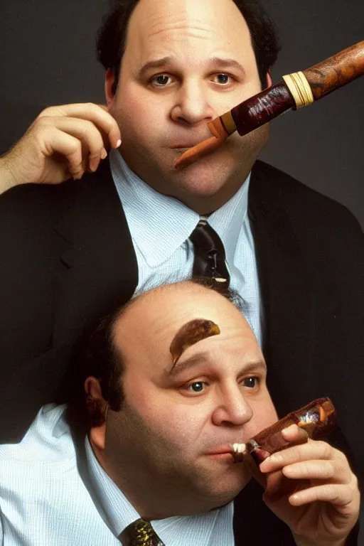 Image similar to portrait photo of george constanza, jason alexander!!, smoking a pipe, atmospheric