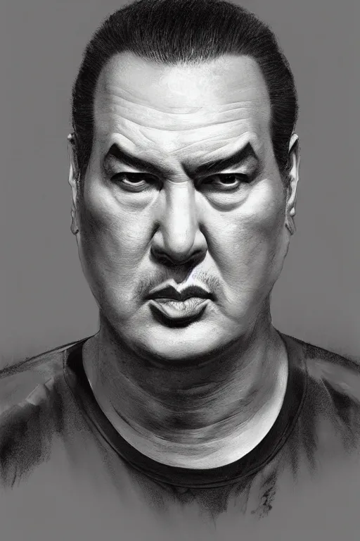 Image similar to sad steven seagal prison mug shot, mug shot, intricate, elegant, highly detailed, digital painting, artstation, concept art, smooth, sharp focus, illustration, art by greg rutkowski, masterpiece, perfect composition, award - winning photography, cgsociety, patriotic!