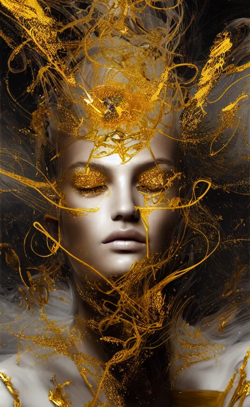 Prompt: abstract head shot intricate portrait of the beautiful supermodel females silhouette sleeping in acrylic paint and crystals, intricate, elegant, abstract art, white and golden quartz and giant abstract marble white paint surrounded by golden smoke and energy glow, golden particles flying in the air. dark concept art, matte painting. by wlop, tooth wu, greg rutkowski,