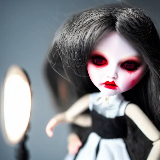 Prompt: adorable vampire themed high end fashion doll and accessories, on a table under a lamp light shining down over it like a spot light, god rays, dust particles, photorealistic, aesthetic shot, worms eye view, macro camera lens, high definition, thematic, cinematic, lens flare