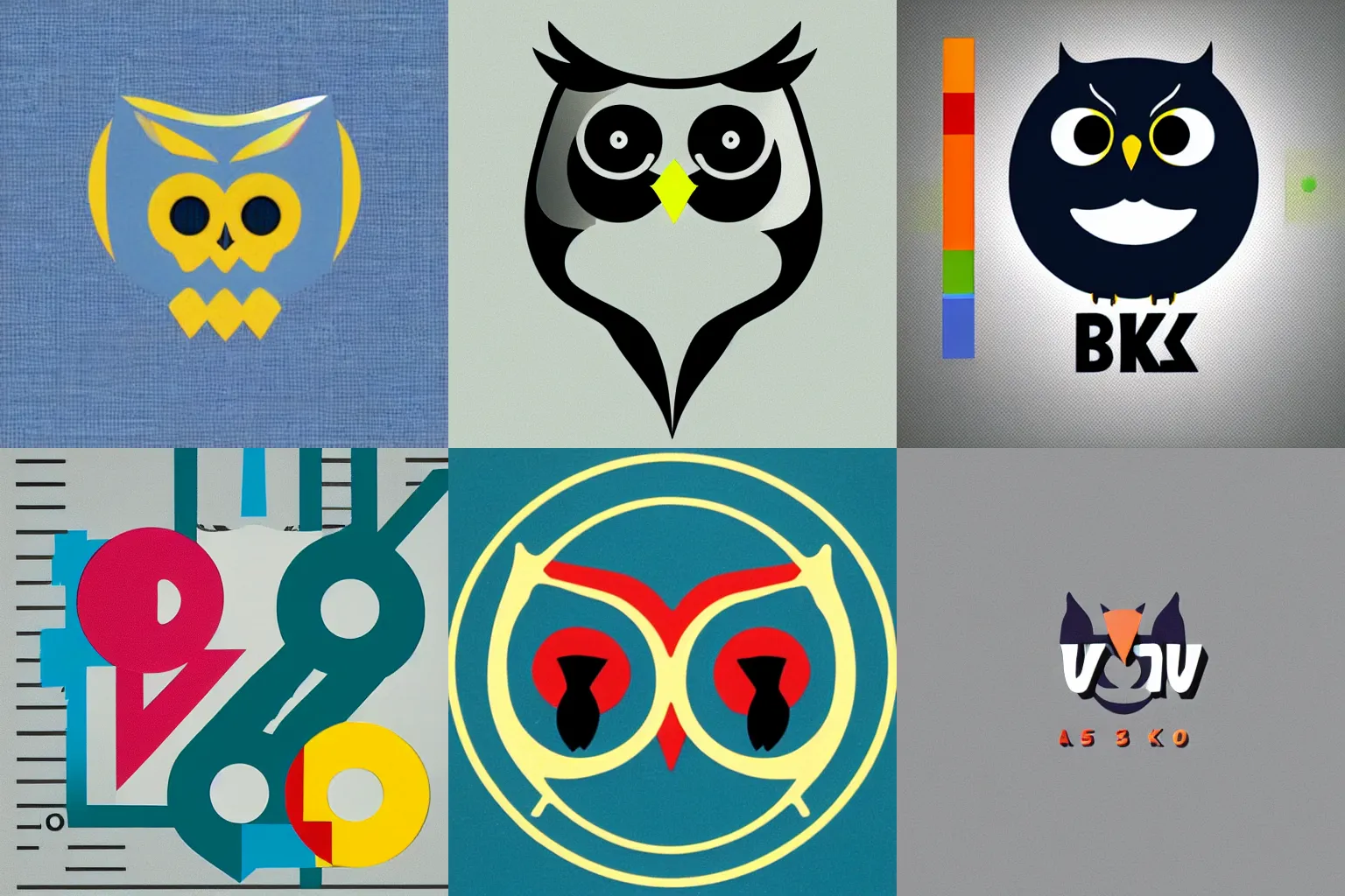 Prompt: A minimalist owl logo in the y2k style, bauhaus style, created by The Designers Republic, vibrant colors