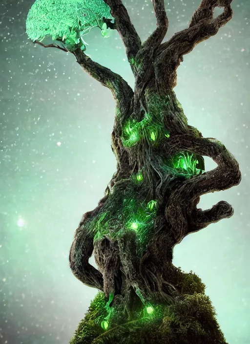 Prompt: friendly Tree Ent on a bioluminescent biome of oddities, oddities everywhere, enchanted, magical, cinematic shot, intricate, ornate, photorealistic, ultra detailed, realistic, 100mm, photography, octane, high definition, depth of field, bokeh, 8k, behance, artstation