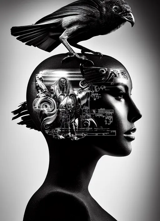 Prompt: a profile portrait, a stunning young woman - cyborg with a mutant bird head, editorial photography, bw, by roman sustov, by hr giger, shot on 7 0 mm, depth of field, f / 2. 8, high contrast, 1 6 k, volumetric lighting, shiny, insanely detailed and intricate, hypermaximalist, elegant, ornate