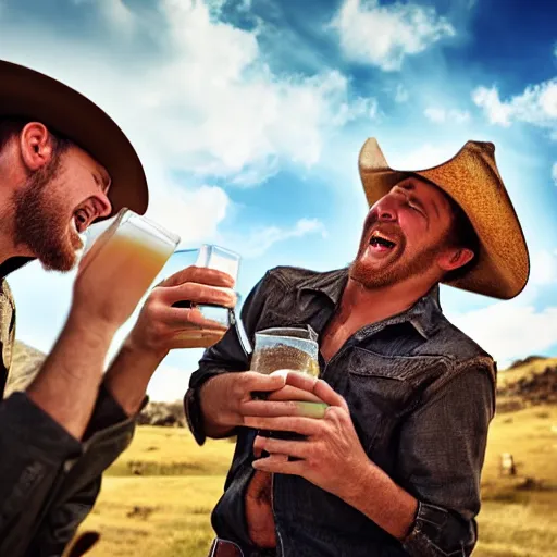 Image similar to epic portrait cinematic shot cowboy laughing and enjoy his drink of beer with friends, photography, realistic, detailed,