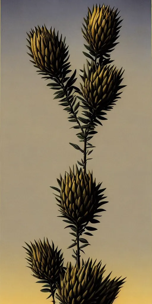 Image similar to tall king proteas against a black backdrop by martin johnson heade, artstation